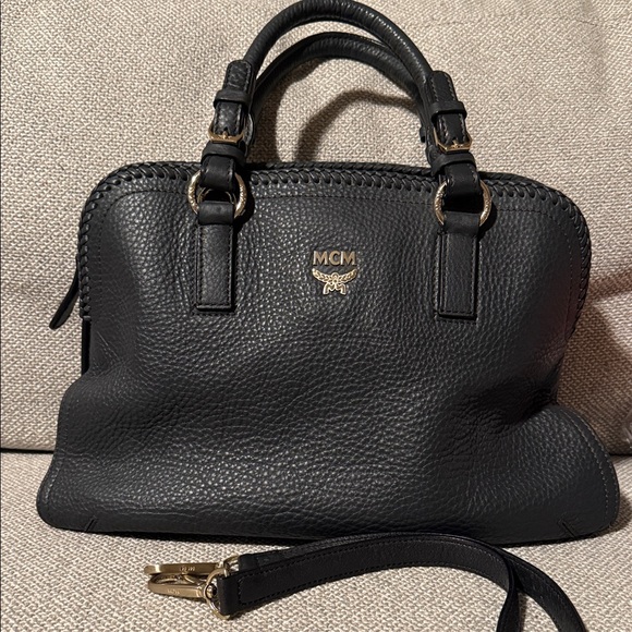 MCM Handbags - MCM Navy Leather Satchel with Silver Accents